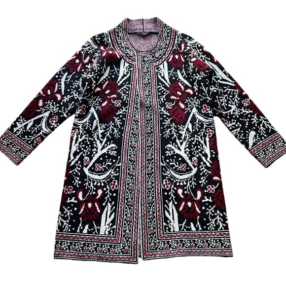 Max Sport Sweaters - MaxSport Size M Black Red Floral Bohemian Longline Open Cardigan Duster Sweater